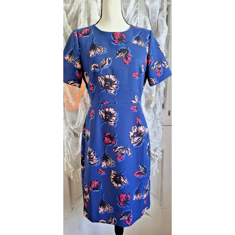 J Crew Dress Womens 8 Royal Blue Floral Lined Slit Sheath Short Sleeve Back Zip